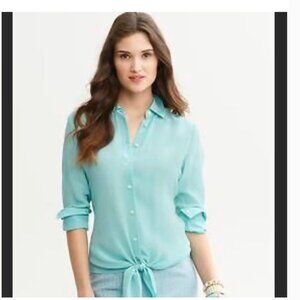 100% Silk Banana Republic Aqua Tie-Front Blouse Size 6